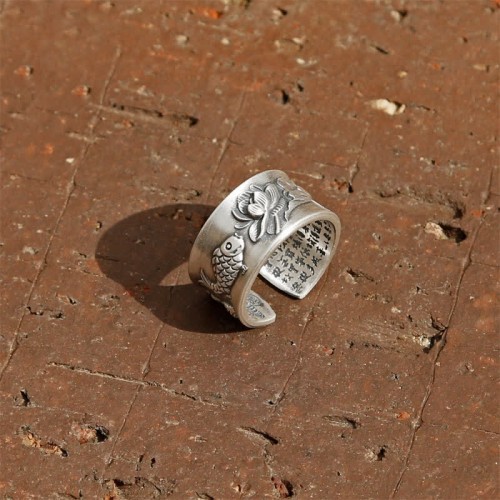 999 Sterling Silver Koi Lotus Heart Sutra Ring