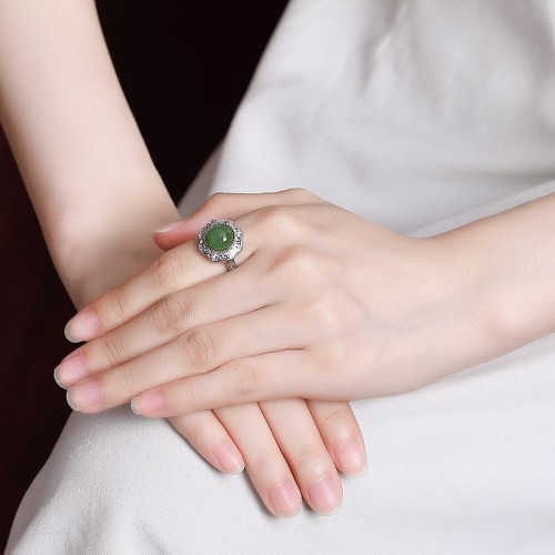 925 Silver Hetian Cyan Jade Luck Ring 925 Silver Hetian Cyan Jade Luck Ring