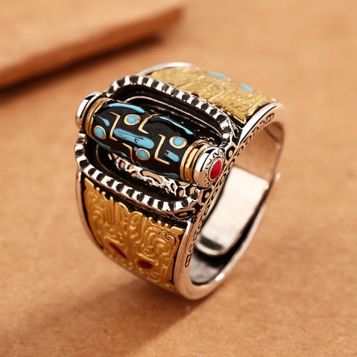 Tibetan Nine-Eye Dzi Bead Rotatable Wealth Ring
