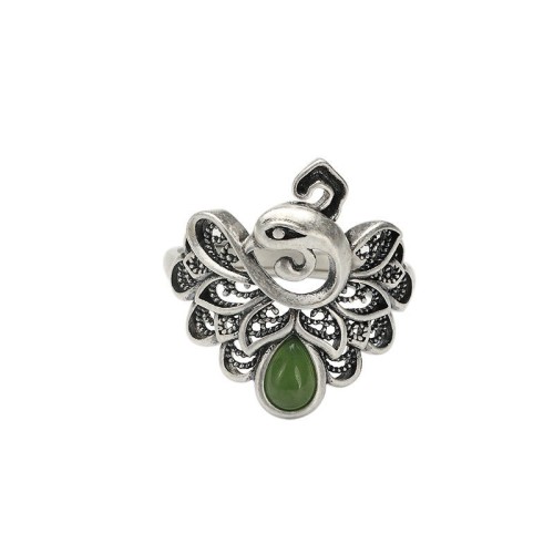 925 Silver Peacock Hetian Cyan Jade Fortune Adjustable Ring