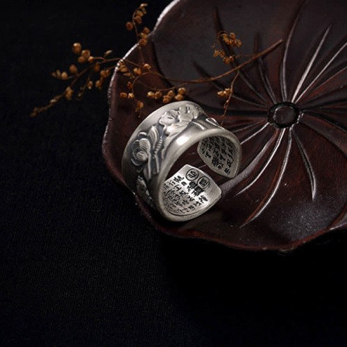 999 Sterling Silver Koi Lotus Heart Sutra Ring
