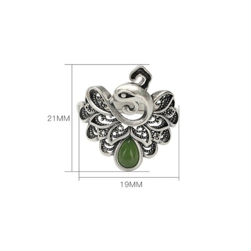 925 Silver Peacock Hetian Cyan Jade Fortune Adjustable Ring