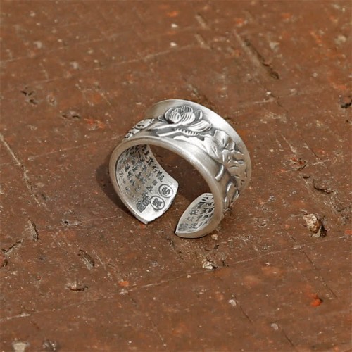 999 Sterling Silver Koi Lotus Heart Sutra Ring