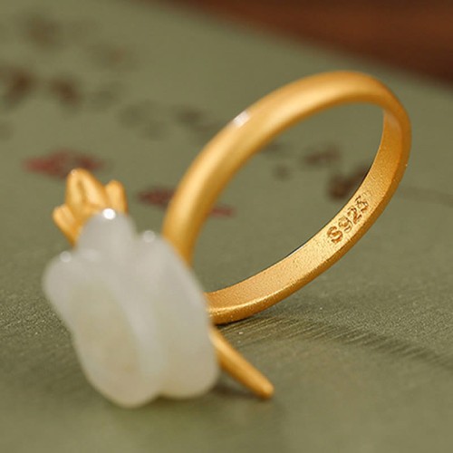 925 Silver Plated Gold Rose Hetian Jade Happiness Ring