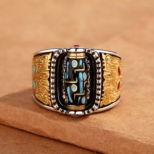 Tibetan Nine-Eye Dzi Bead Rotatable Wealth Ring
