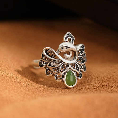 925 Silver Peacock Hetian Cyan Jade Fortune Adjustable Ring