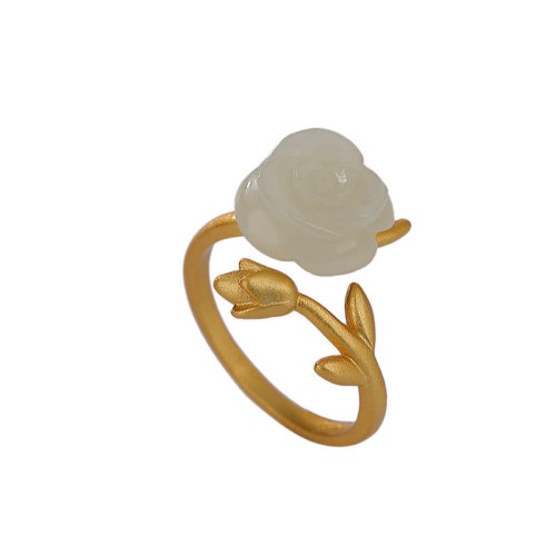 925 Silver Plated Gold Rose Hetian Jade Happiness Ring