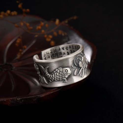 999 Sterling Silver Koi Lotus Heart Sutra Ring
