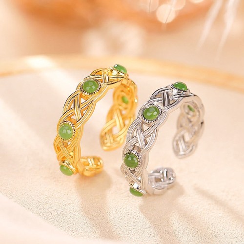 925 Silver Plated Gold Cyan Jade Success Ring
