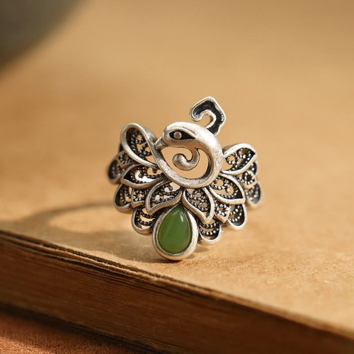 925 Silver Peacock Hetian Cyan Jade Fortune Adjustable Ring