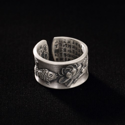999 Sterling Silver Koi Lotus Heart Sutra Ring