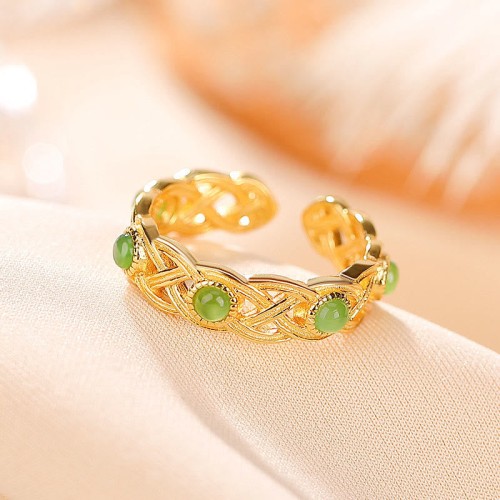 925 Silver Plated Gold Cyan Jade Success Ring