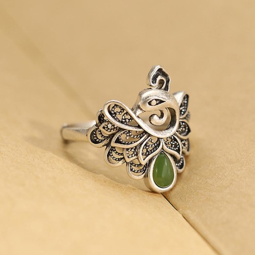 925 Silver Peacock Hetian Cyan Jade Fortune Adjustable Ring